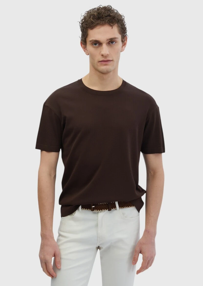 Kahverengi Bisiklet Yaka Düz Örgü Triko - RAMSEY