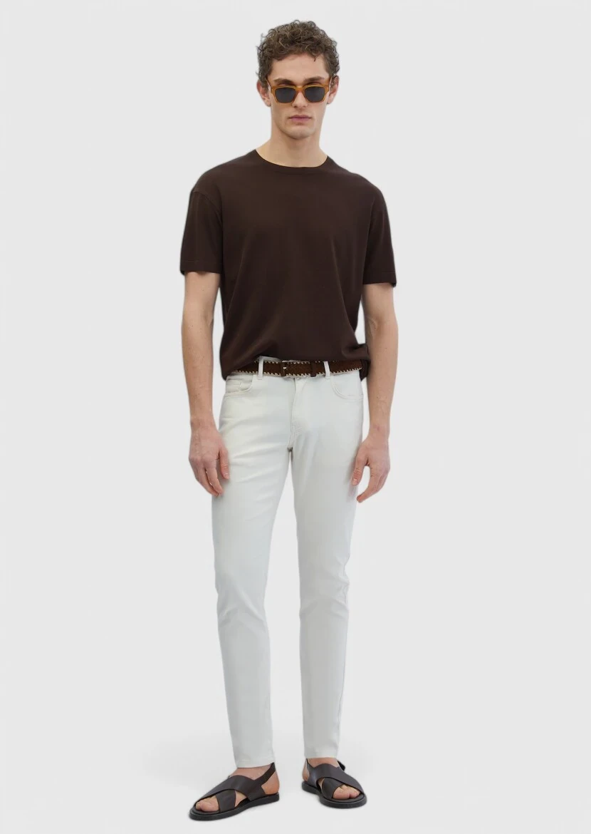 Kahverengi Bisiklet Yaka Düz Örgü Triko 