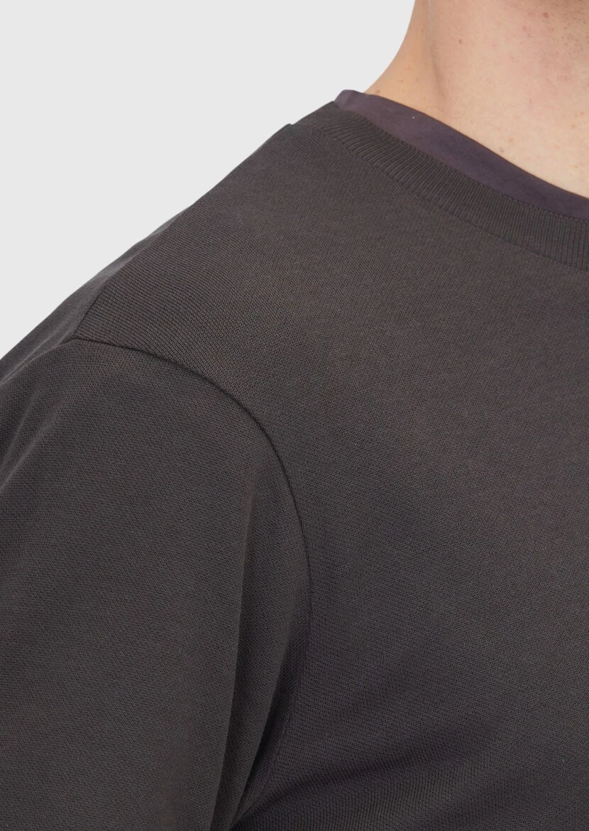 Kahverengi Bisiklet Yaka Düz Sweatshırt - 4