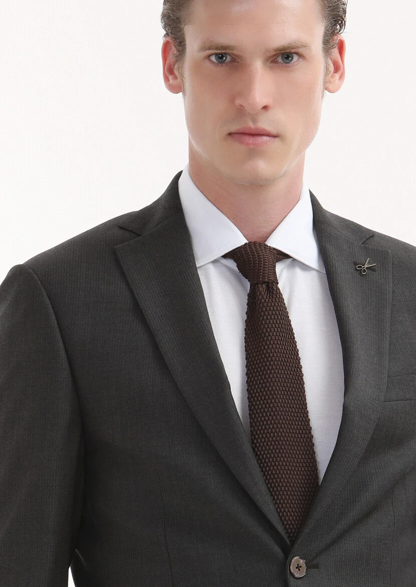 Kahverengi Çizgili Modern Fit %100 Yün Takım Elbise - 3
