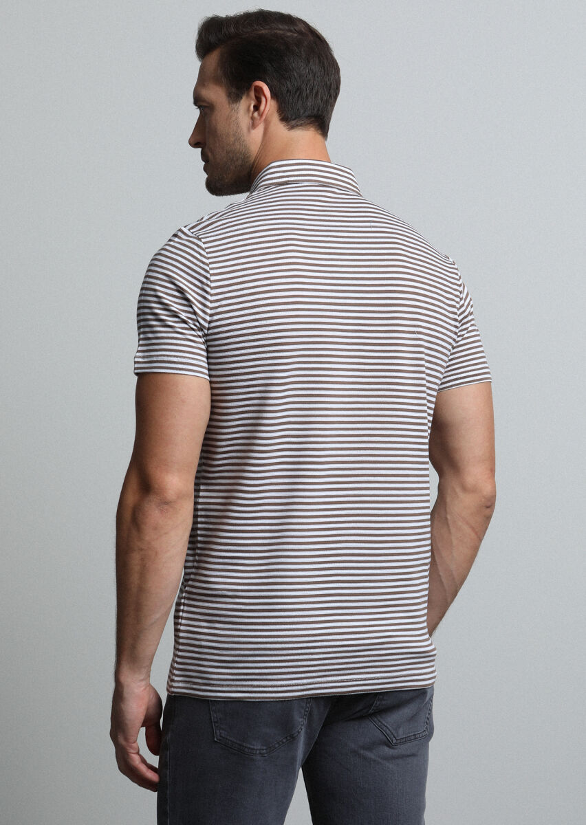 Kahverengi Çizgili Polo Yaka %100 Pamuk T-Shirt - 5