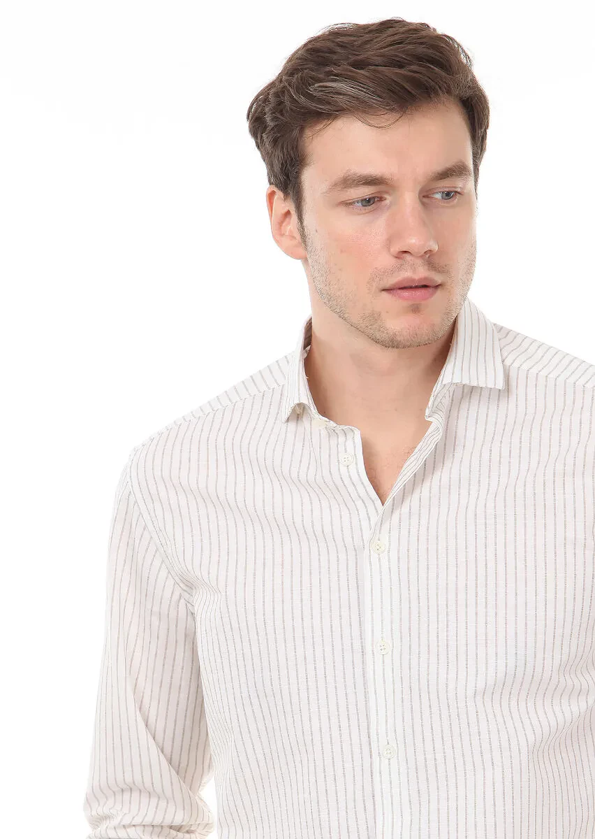 Kahverengi Çizgili Regular Fit Dokuma Casual %100 Pamuk Gömlek - 3