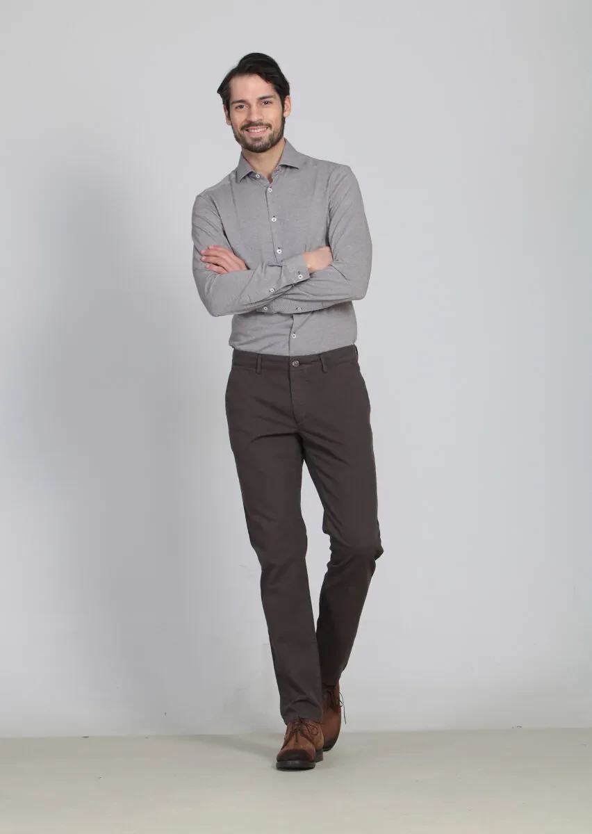 Kahverengi Desenli Dokuma Regular Fit Casual Pamuk Karışımlı Pantolon - 1