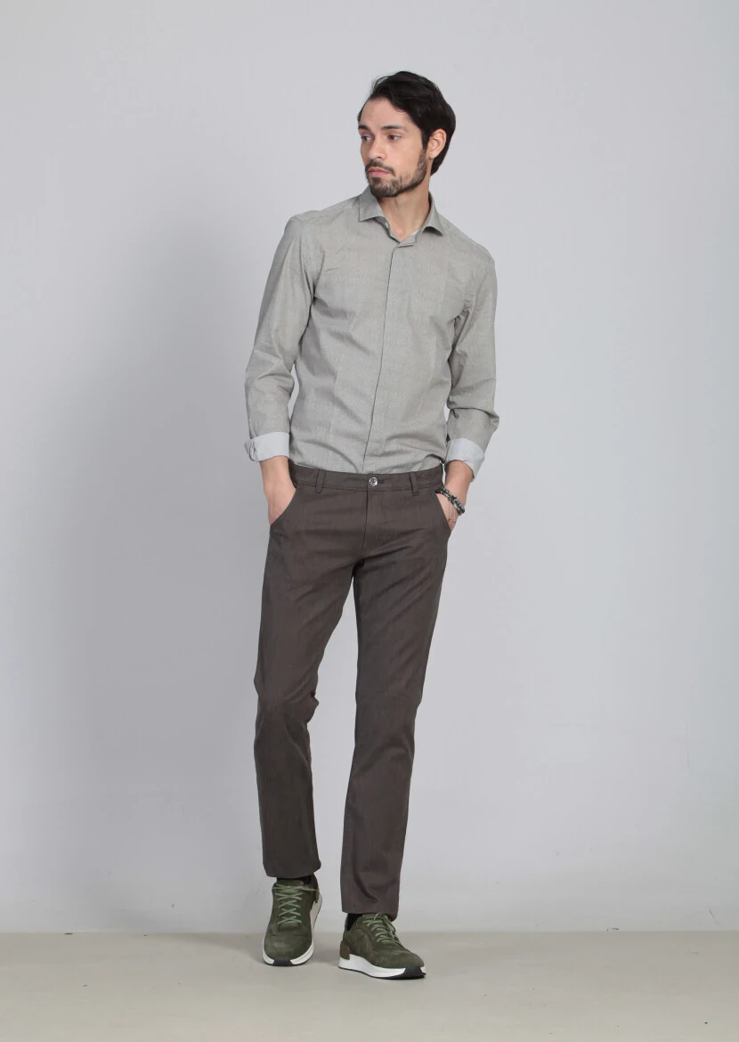 Kahverengi Desenli Dokuma Slim Fit Casual Pamuk Karışımlı Pantolon 