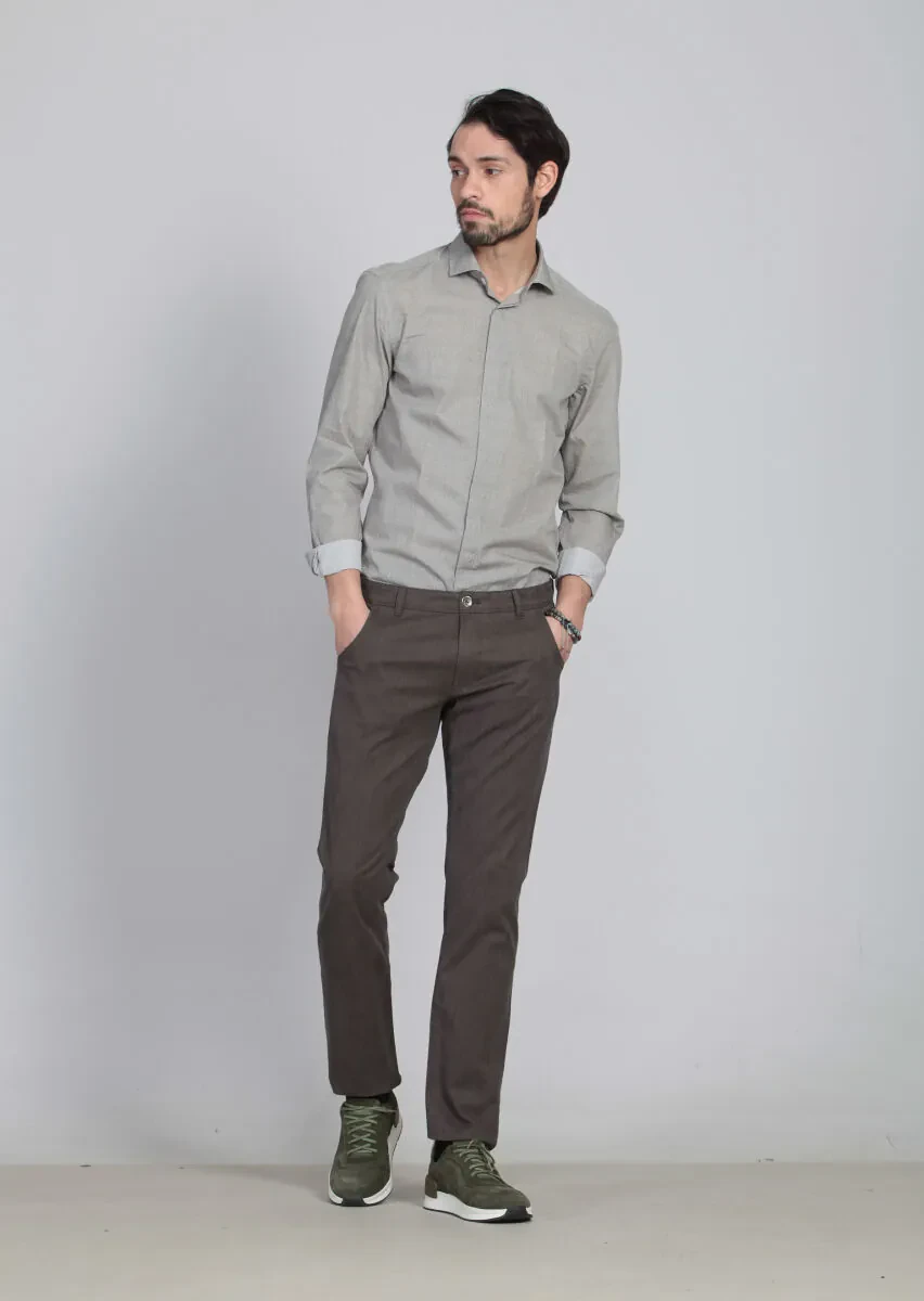 Kahverengi Desenli Dokuma Slim Fit Casual Pamuk Karışımlı Pantolon - 2