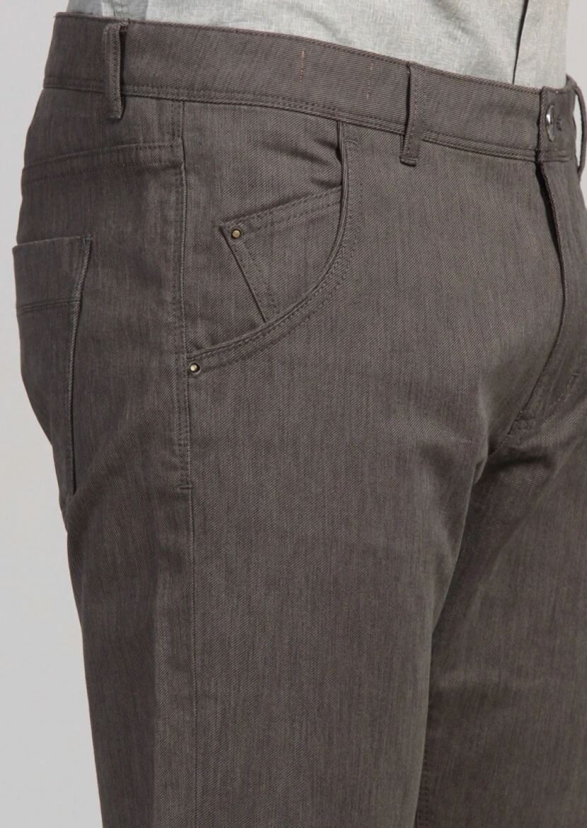 Kahverengi Desenli Dokuma Slim Fit Casual Pamuk Karışımlı Pantolon - 3