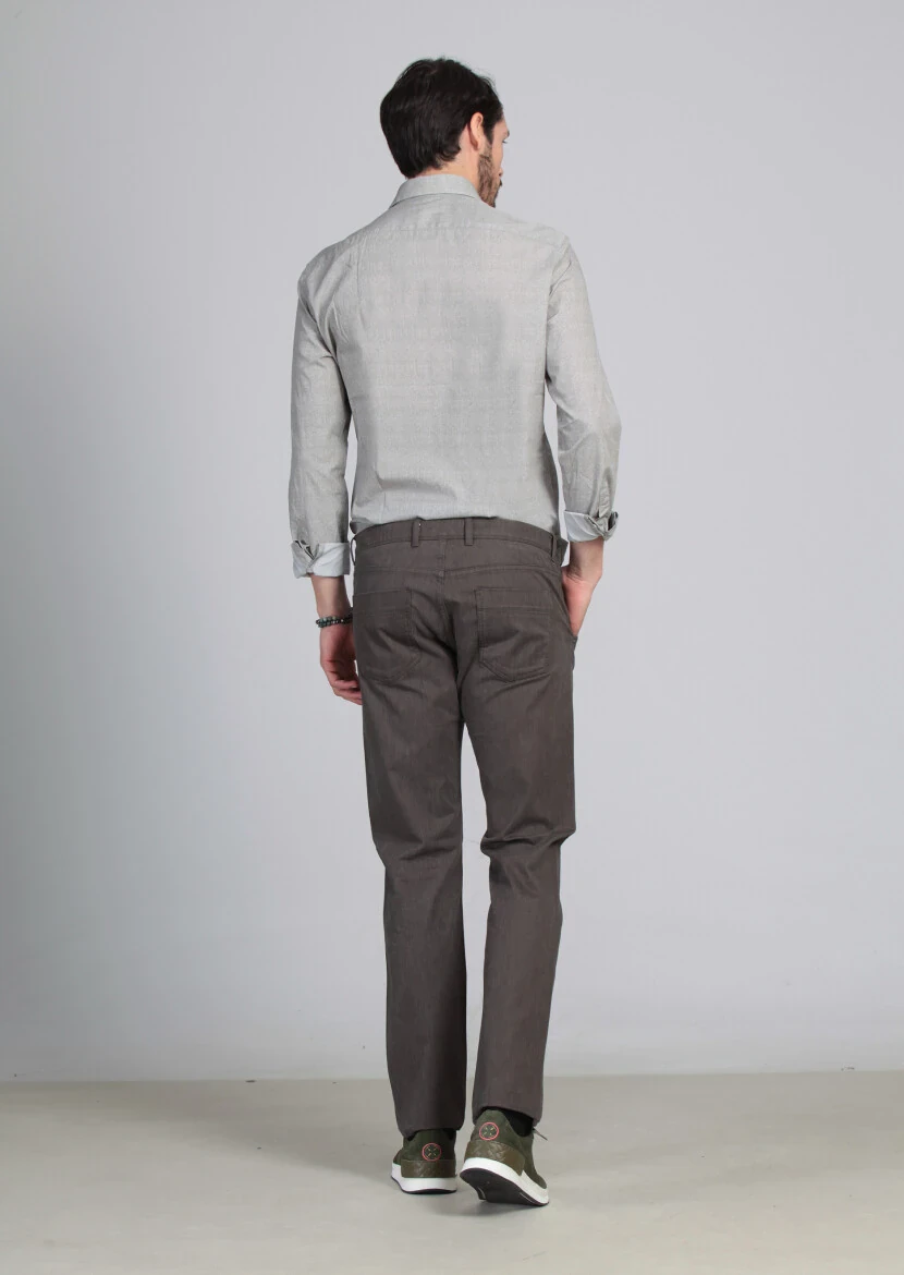 Kahverengi Desenli Dokuma Slim Fit Casual Pamuk Karışımlı Pantolon - 4