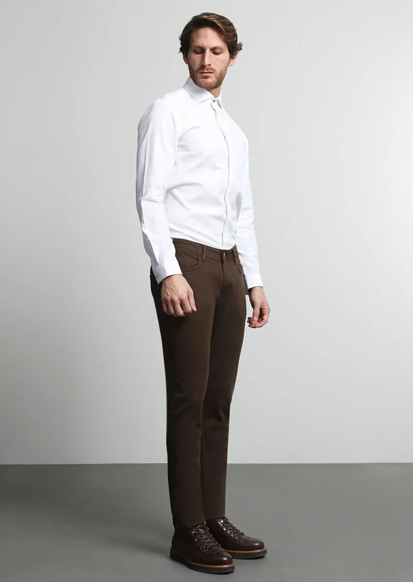 Kahverengi Desenli Dokuma Slim Fit Casual Pamuk Karışımlı Pantolon - 1