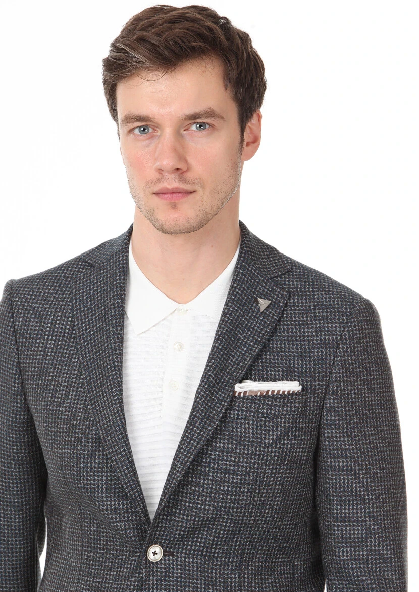 Kahverengi Desenli Modern Fit %100 Yün Ceket - 2