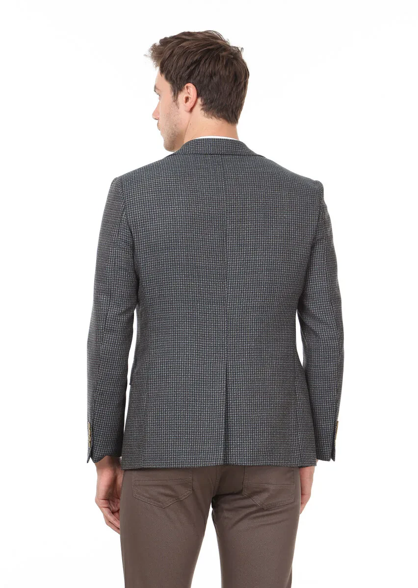 Kahverengi Desenli Modern Fit %100 Yün Ceket - 4