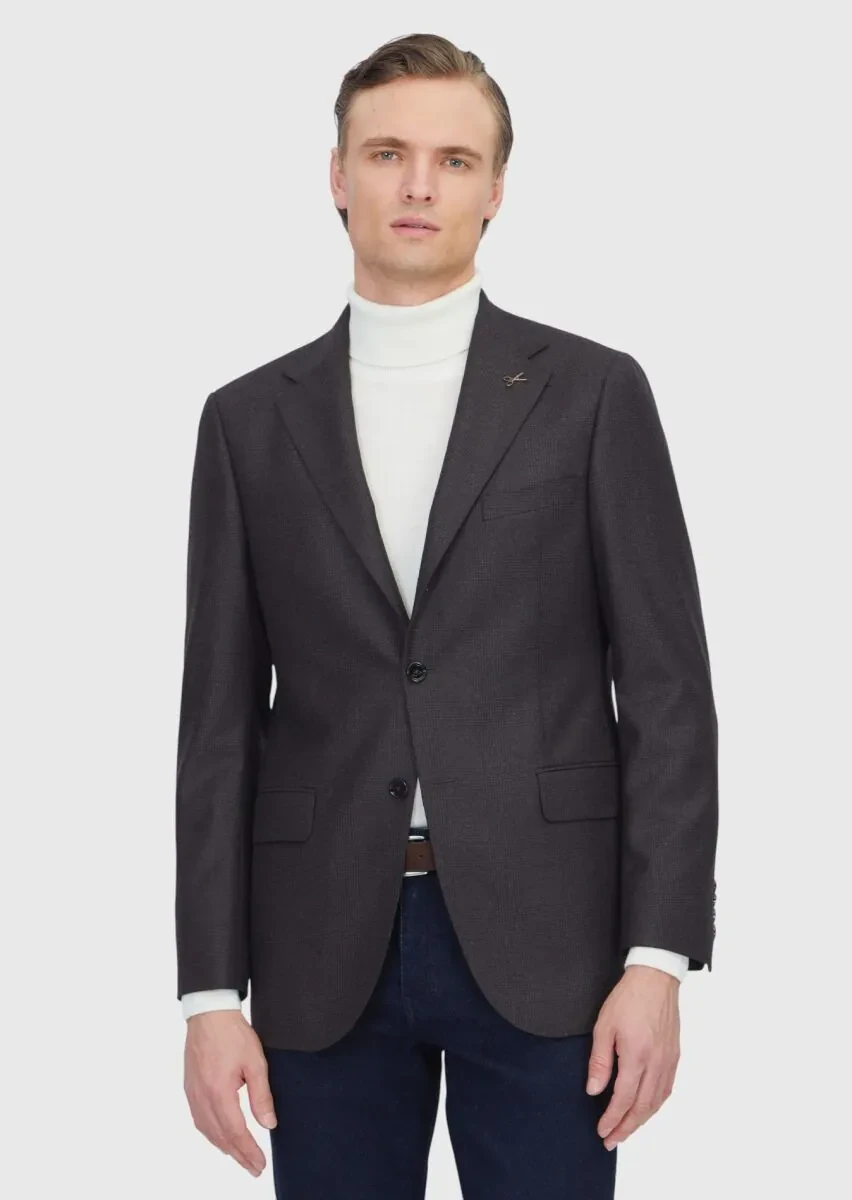 Kahverengi Desenli Regular Fit %100 Yün Ceket - 1