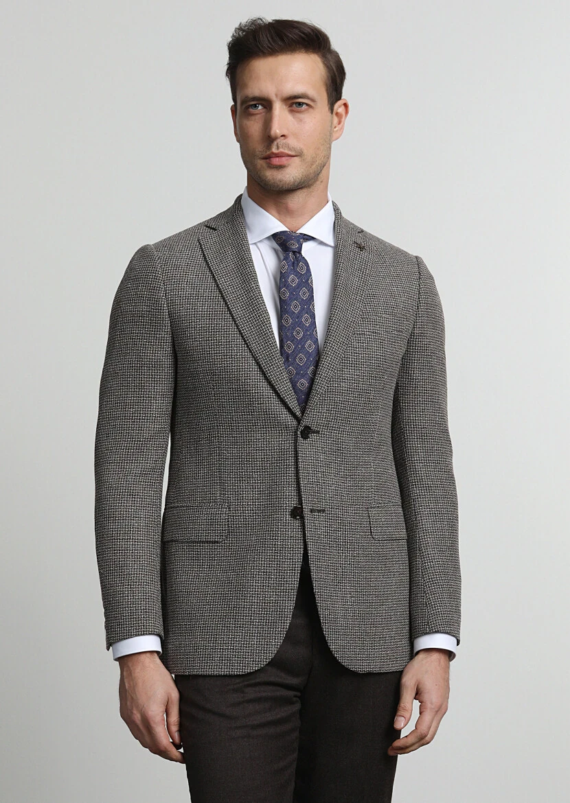 Kahverengi Desenli Regular Fit İpek Karışımlı Ceket - 1