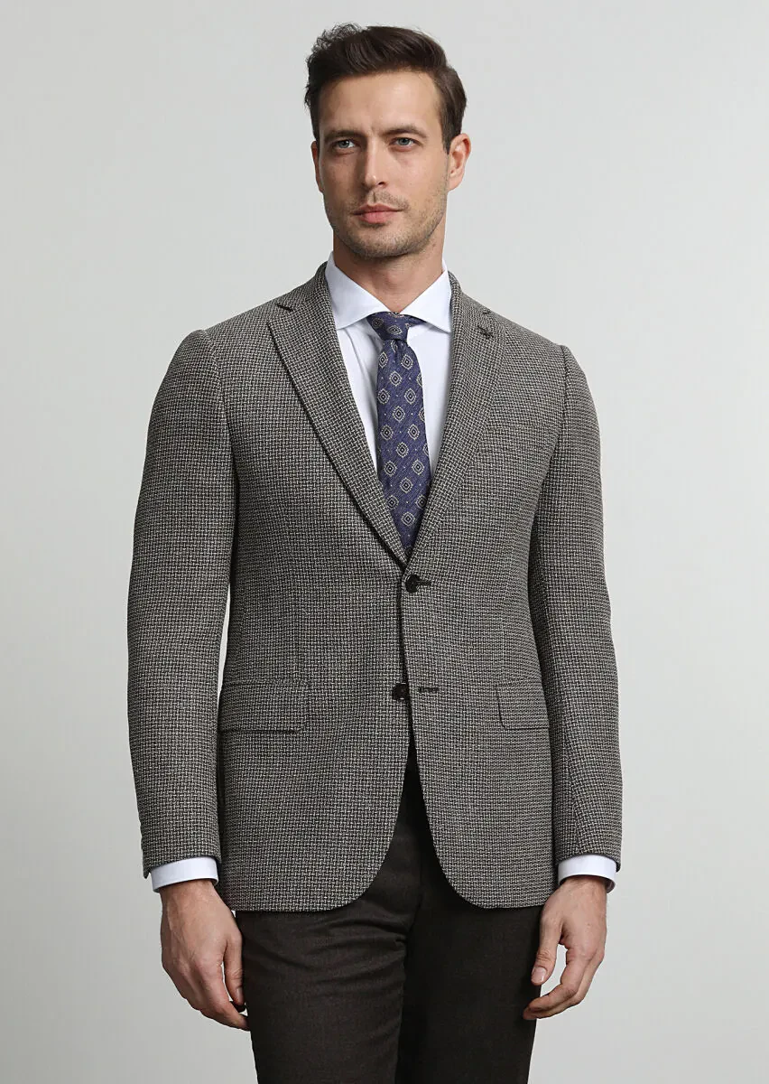 Kahverengi Desenli Regular Fit İpek Karışımlı Ceket - 1