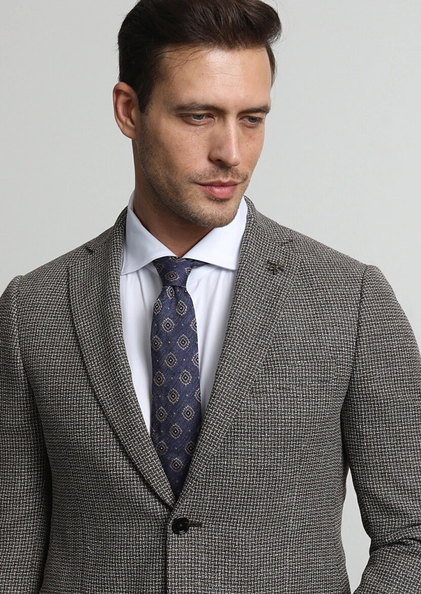 Kahverengi Desenli Regular Fit İpek Karışımlı Ceket - 2