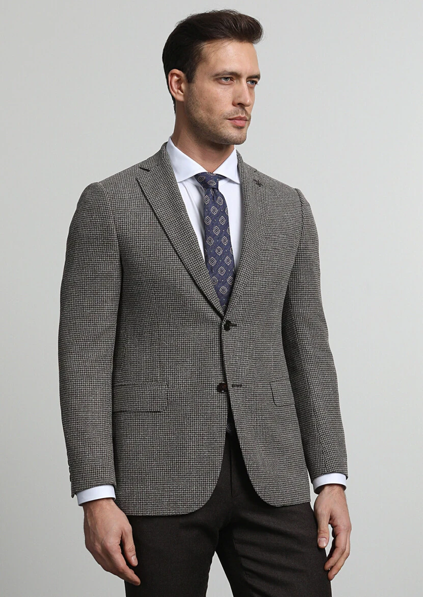 Kahverengi Desenli Regular Fit İpek Karışımlı Ceket - 3