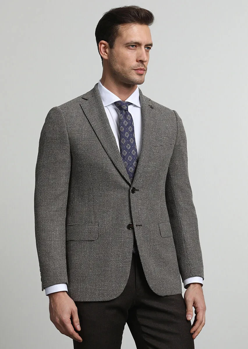 Kahverengi Desenli Regular Fit İpek Karışımlı Ceket - 3