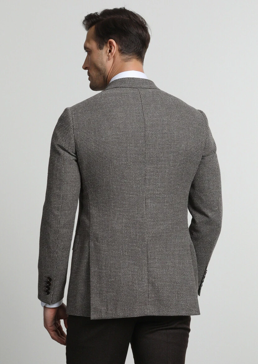 Kahverengi Desenli Regular Fit İpek Karışımlı Ceket - 4
