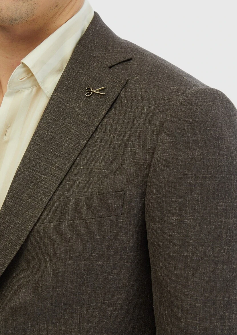 Kahverengi Desenli Regular Fit İpek Karışımlı Ceket - 4