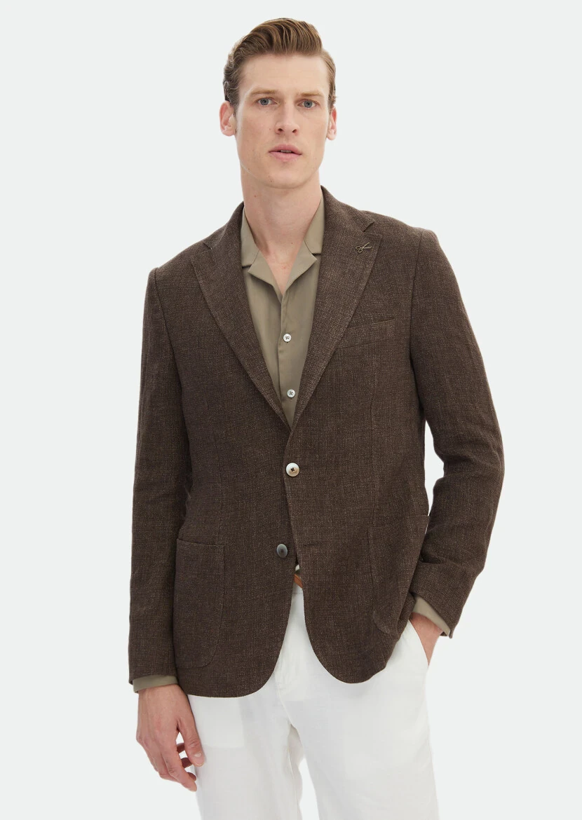 Kahverengi Desenli Shirt Shoulder Slim Fit %100 Keten Ceket - RAMSEY