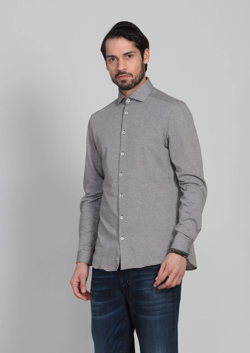 Kahverengi Desenli Slim Fit Casual %100 Pamuk Gömlek - 1