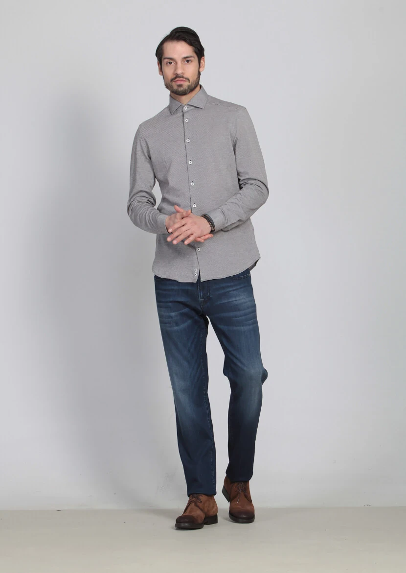 Kahverengi Desenli Slim Fit Casual %100 Pamuk Gömlek - 2