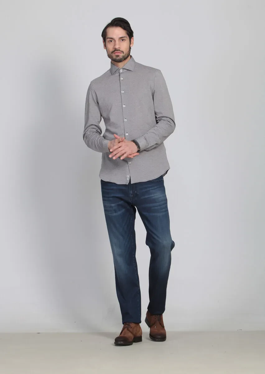 Kahverengi Desenli Slim Fit Casual %100 Pamuk Gömlek - 2