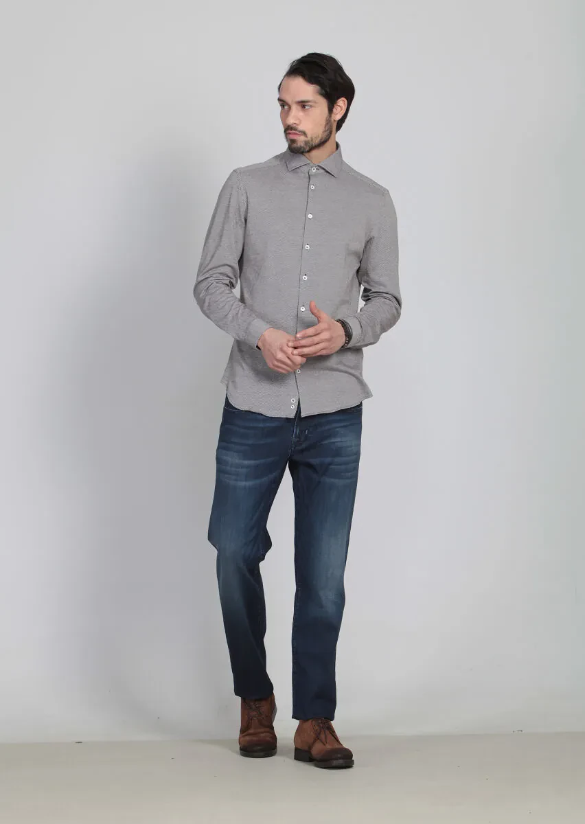 Kahverengi Desenli Slim Fit Casual %100 Pamuk Gömlek - 3