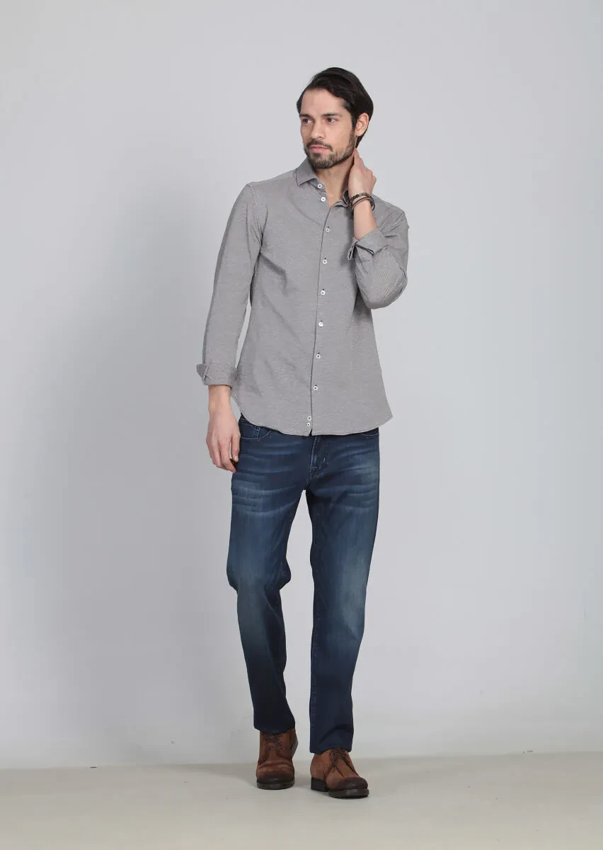 Kahverengi Desenli Slim Fit Casual %100 Pamuk Gömlek - 5