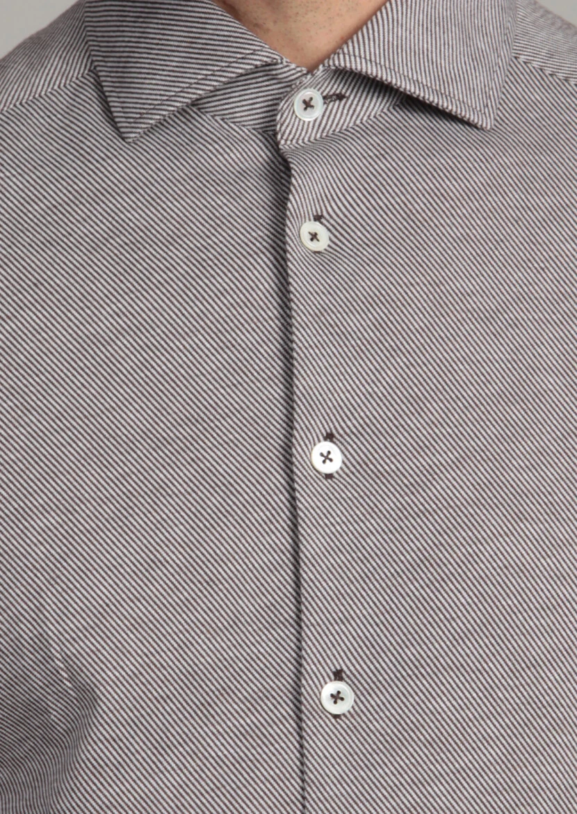 Kahverengi Desenli Slim Fit Casual %100 Pamuk Gömlek - 6