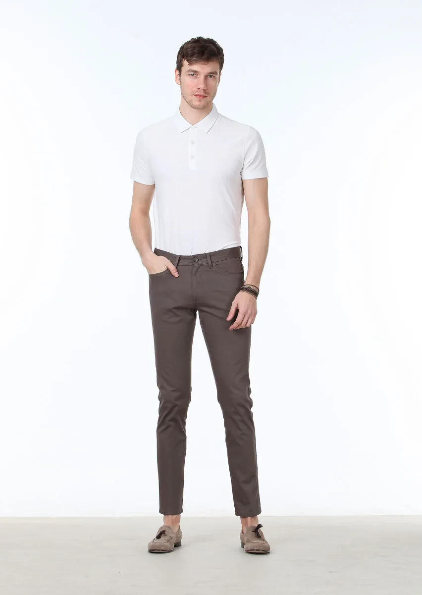Kahverengi Dokuma Slim Fit Casual Pamuk Karışımlı Pantolon - 1