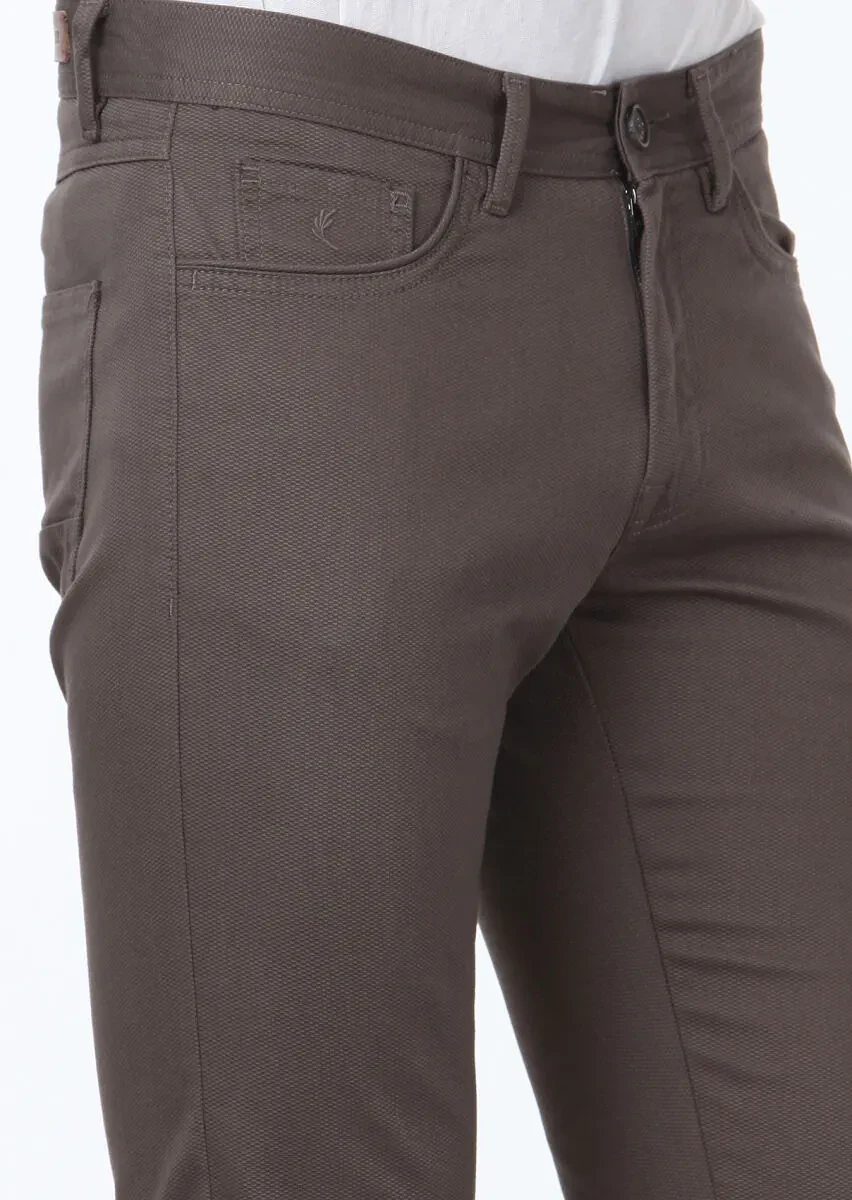 Kahverengi Dokuma Slim Fit Casual Pamuk Karışımlı Pantolon - 3