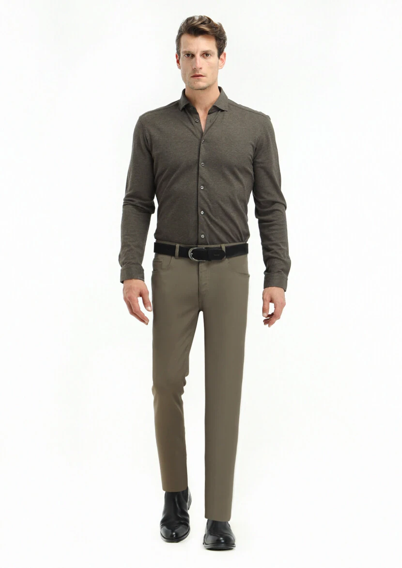 Kahverengi Dokuma Slim Fit Casual Pantolon - 1