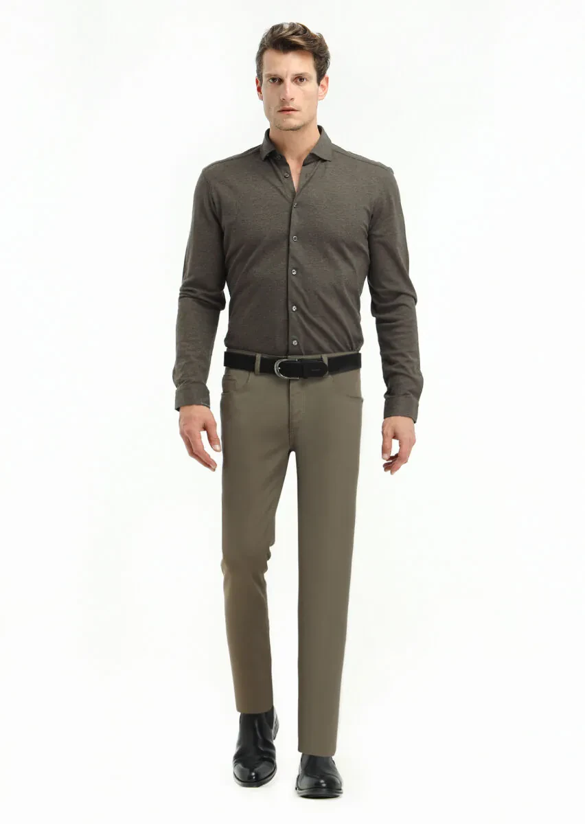 Kahverengi Dokuma Slim Fit Casual Pantolon - 1