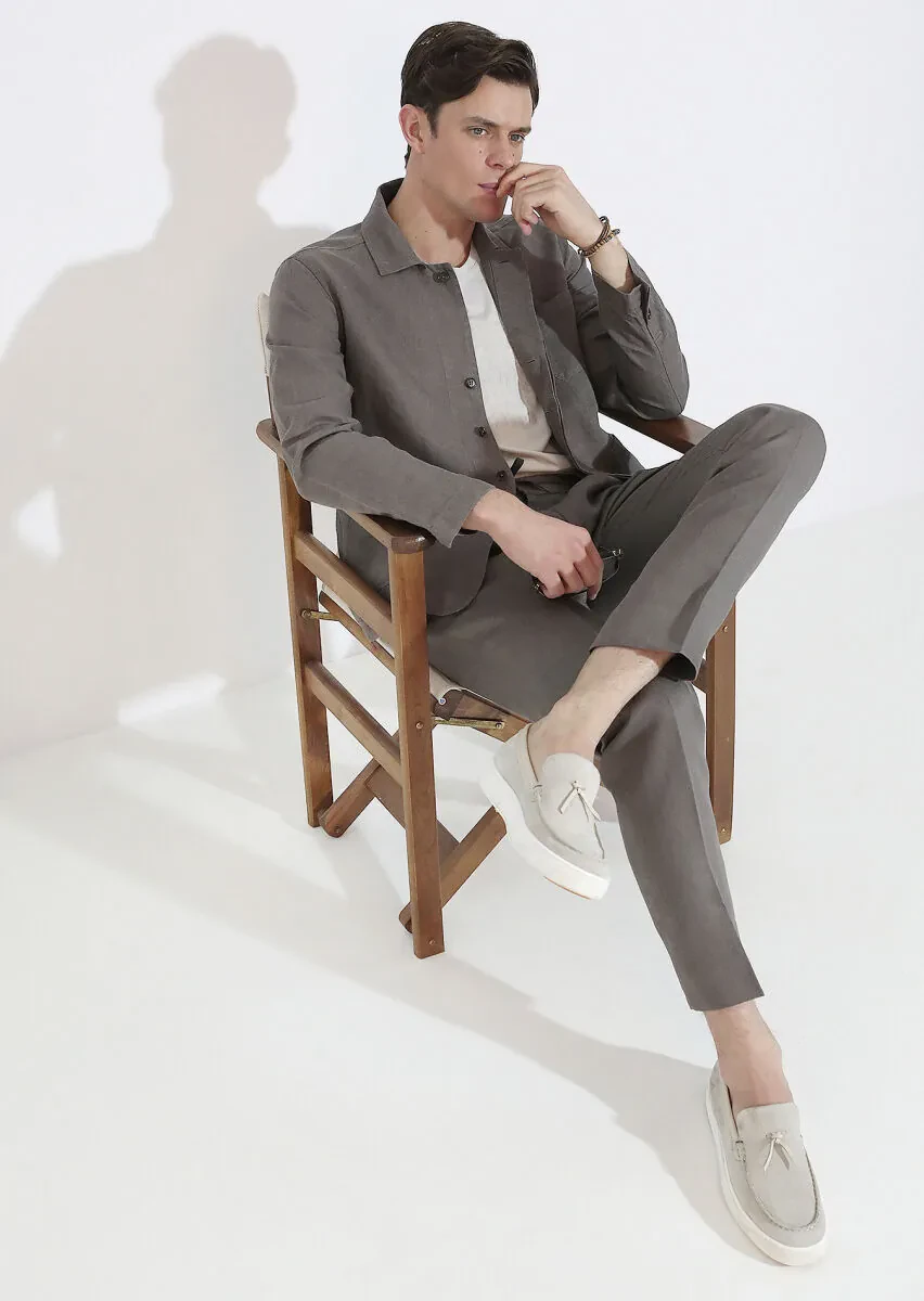 Kahverengi Düz Casual Fit Dokuma %100 Keten Overshırt - 2