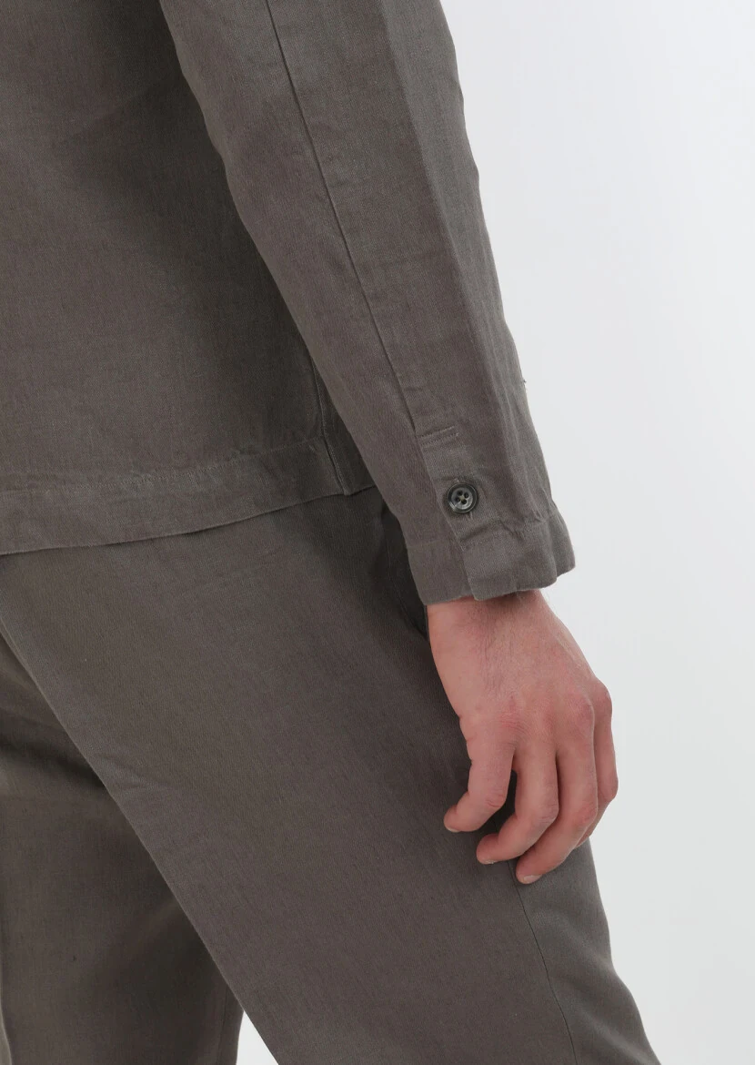 Kahverengi Düz Casual Fit Dokuma %100 Keten Overshırt - 7