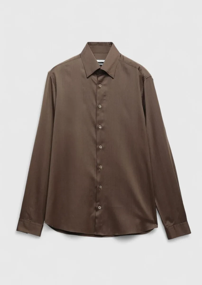 Kahverengi Düz Casual Fit Dokuma Casual İpek Karışımlı Gömlek - 6