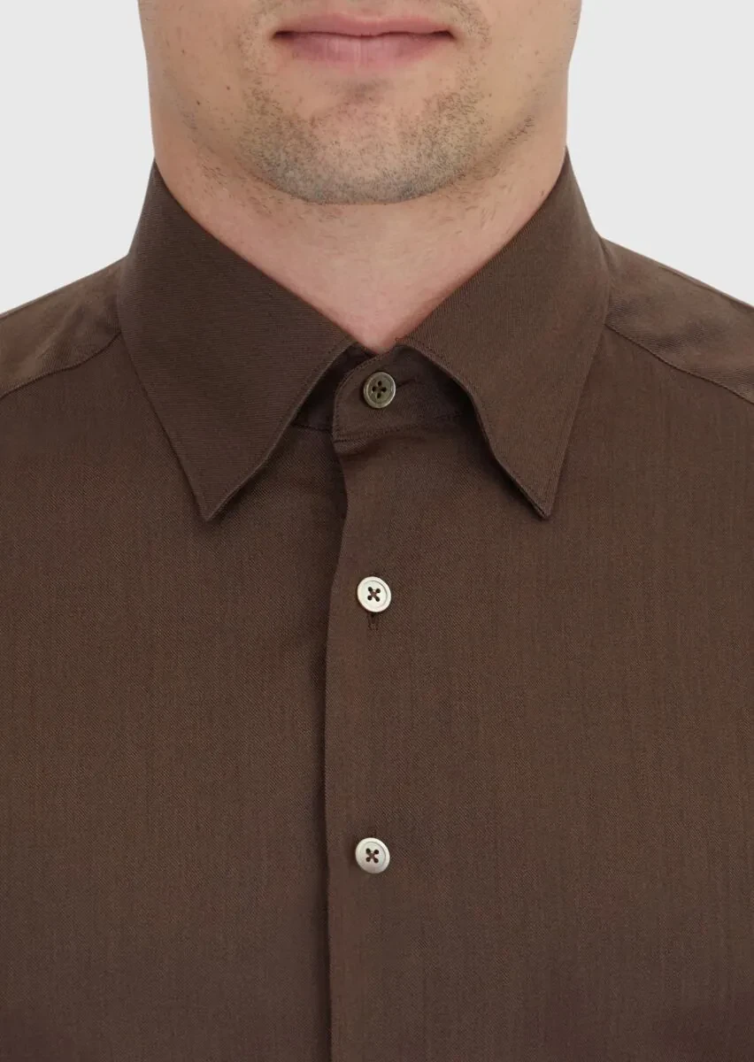 Kahverengi Düz Casual Fit Dokuma Casual İpek Karışımlı Gömlek - 4