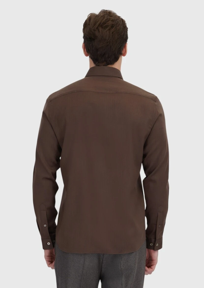 Kahverengi Düz Casual Fit Dokuma Casual İpek Karışımlı Gömlek - 5