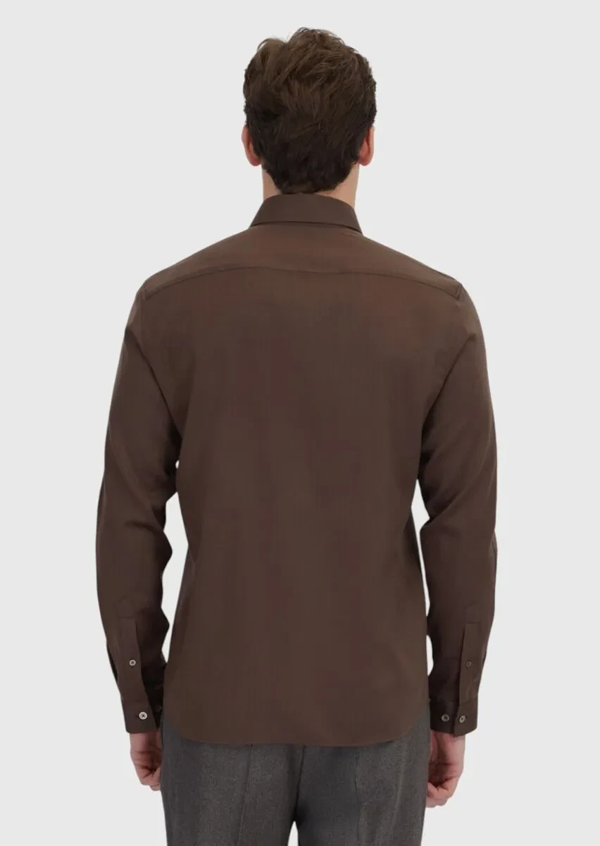 Kahverengi Düz Casual Fit Dokuma Casual İpek Karışımlı Gömlek - 5