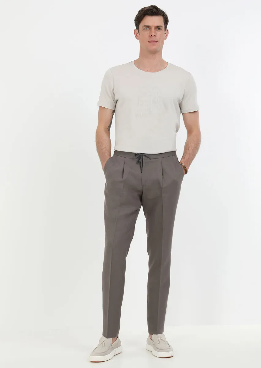 Kahverengi Düz Dokuma Jogging Fit Casual %100 Keten Pantolon - 1