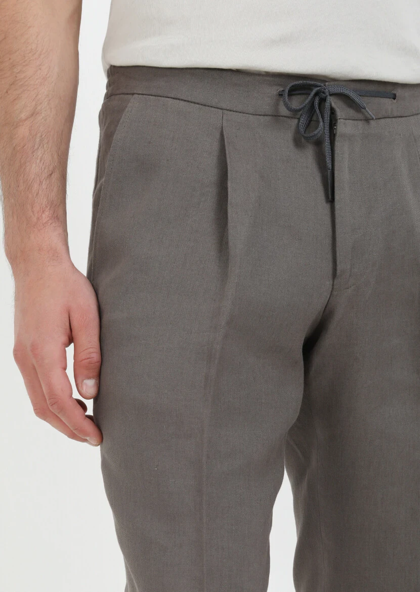 Kahverengi Düz Dokuma Jogging Fit Casual %100 Keten Pantolon - 2