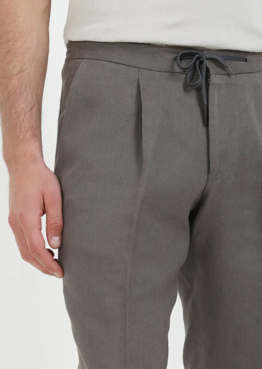 Kahverengi Düz Dokuma Jogging Fit Casual %100 Keten Pantolon - 2