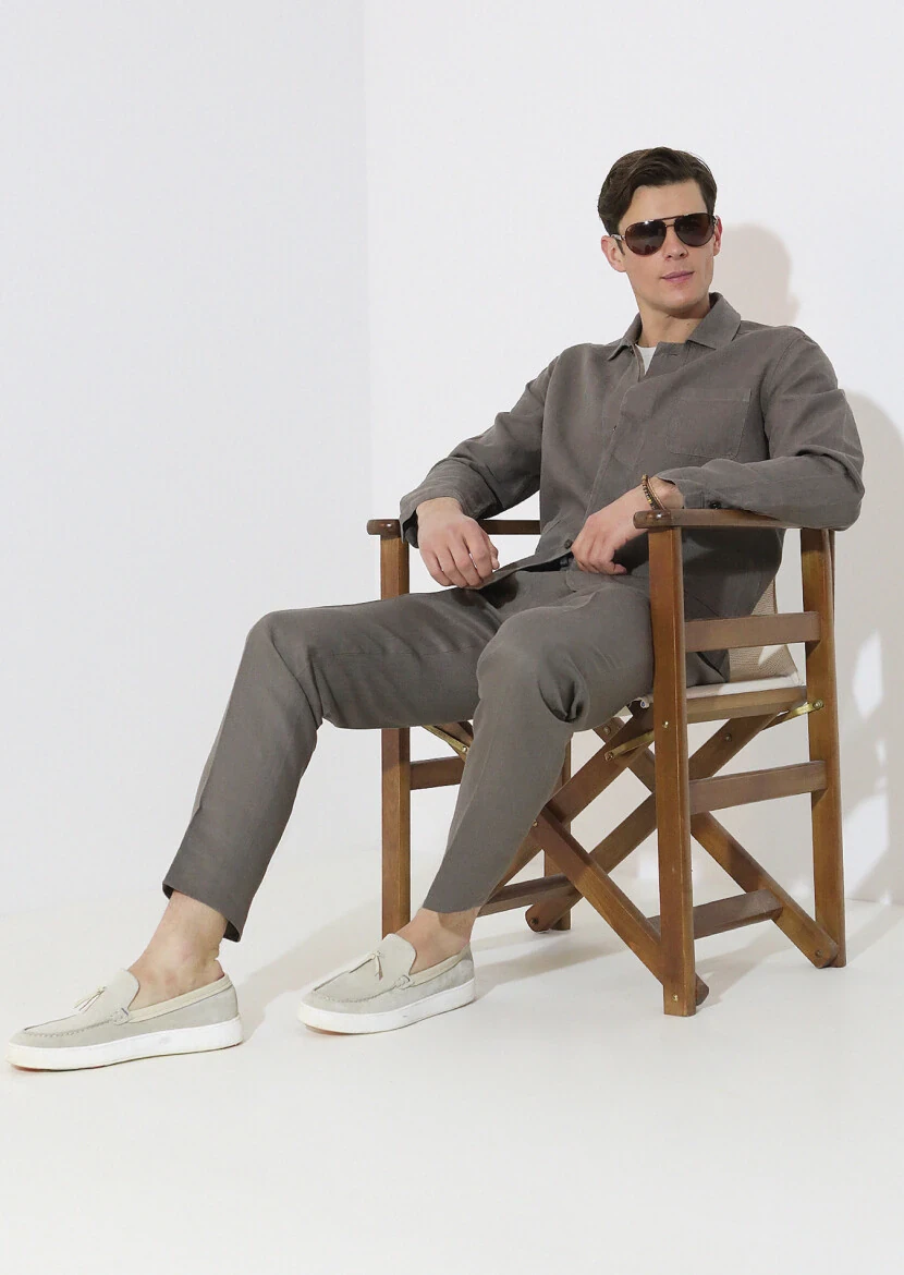 Kahverengi Düz Dokuma Jogging Fit Casual %100 Keten Pantolon - 3