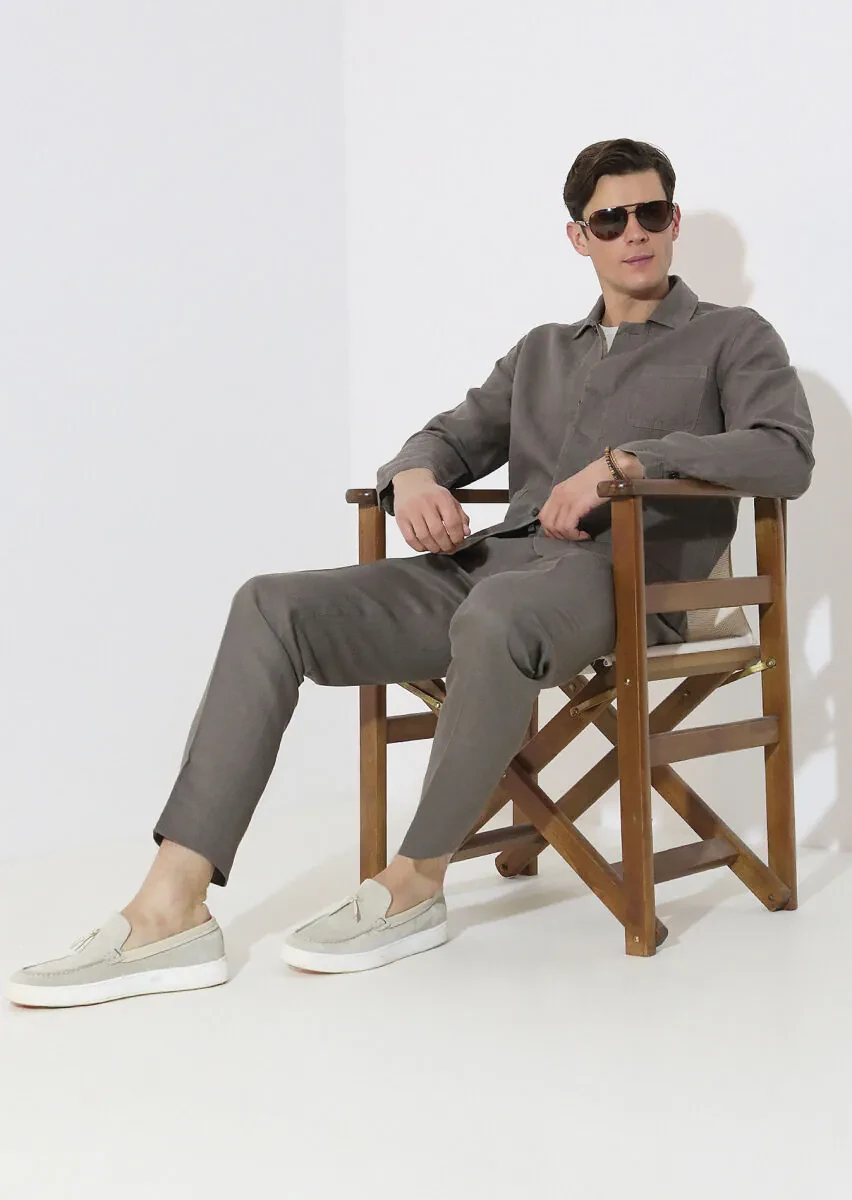 Kahverengi Düz Dokuma Jogging Fit Casual %100 Keten Pantolon - 3