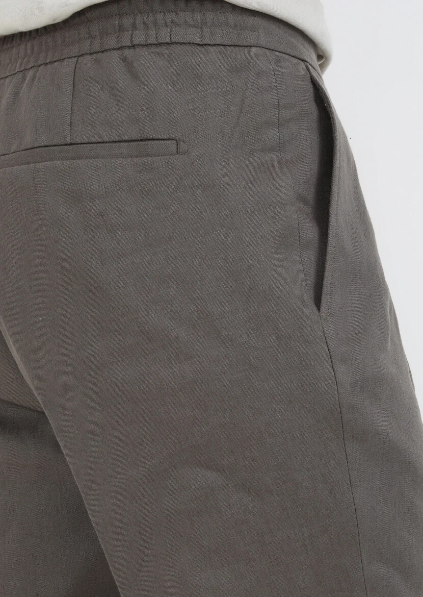 Kahverengi Düz Dokuma Jogging Fit Casual %100 Keten Pantolon - 4