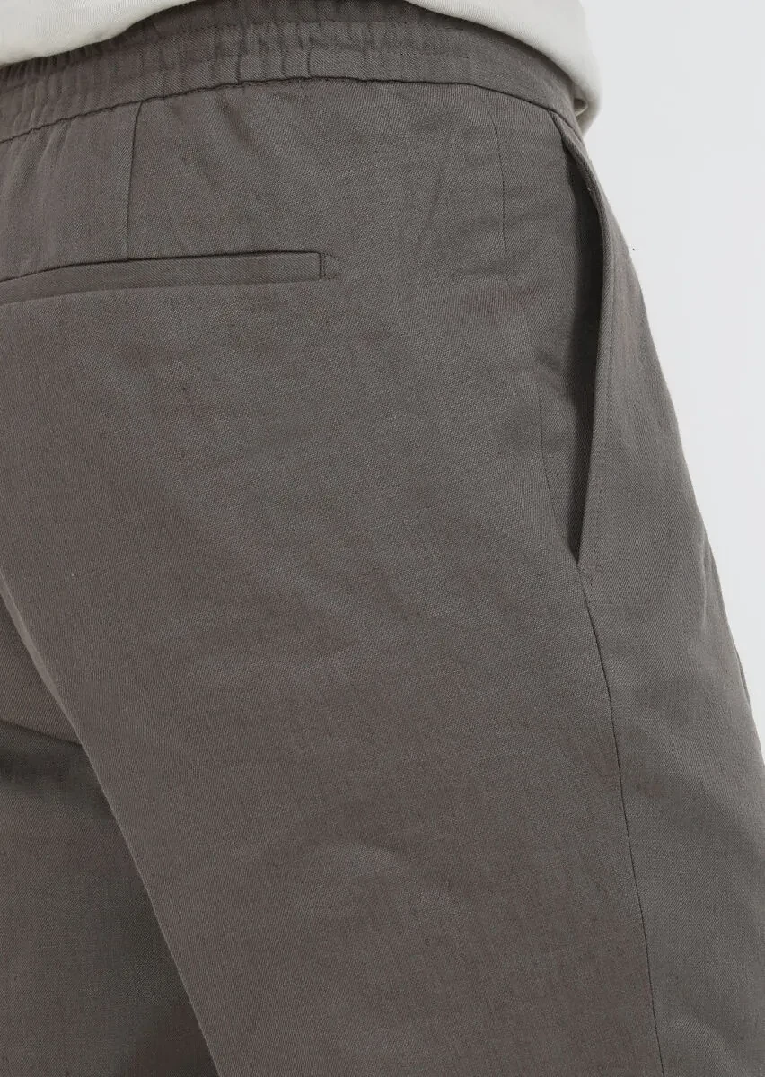 Kahverengi Düz Dokuma Jogging Fit Casual %100 Keten Pantolon - 4