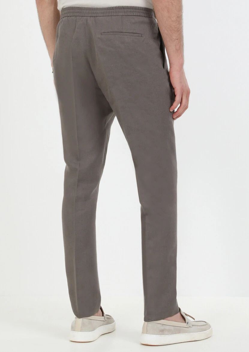 Kahverengi Düz Dokuma Jogging Fit Casual %100 Keten Pantolon - 5