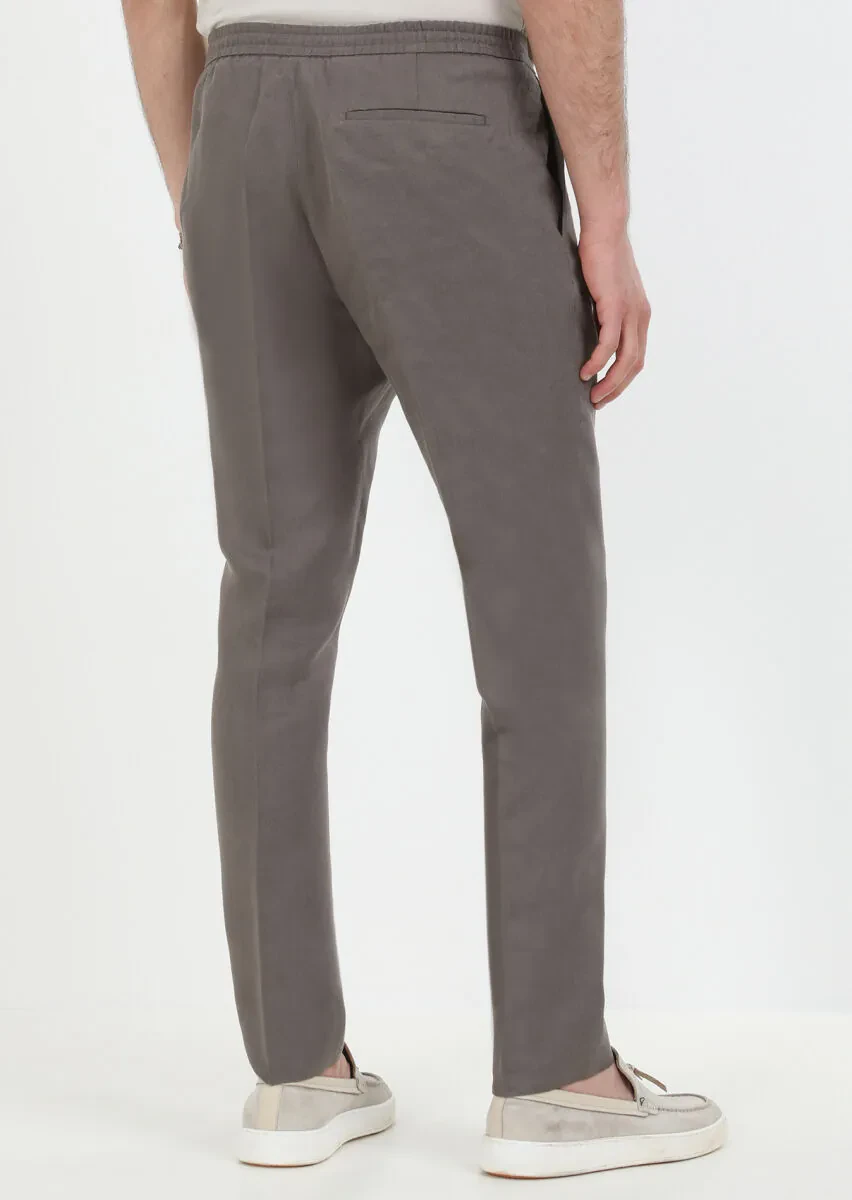 Kahverengi Düz Dokuma Jogging Fit Casual %100 Keten Pantolon - 5