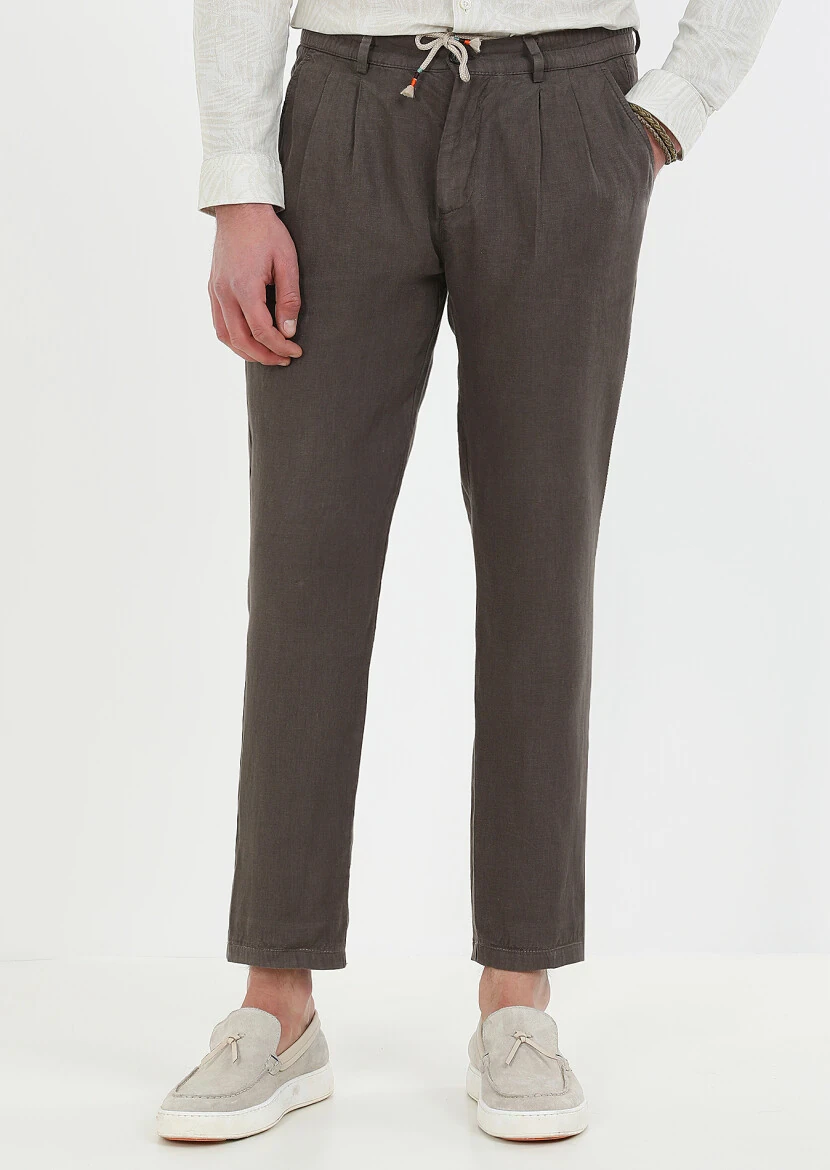 Kahverengi Düz Dokuma Jogging Fit Casual %100 Keten Pantolon - 1