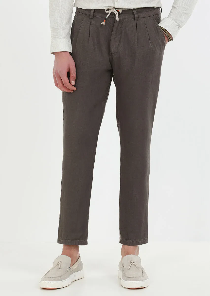 Kahverengi Düz Dokuma Jogging Fit Casual %100 Keten Pantolon - 1